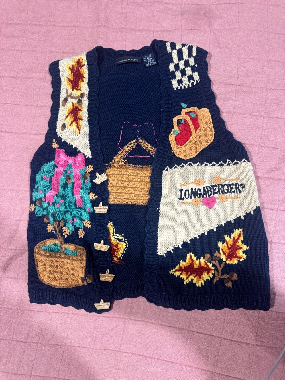 Eagle's Eye Longaberger Navy Patchwork Sweater Vest with Multicolor Embroidery - Picture 2 of 3